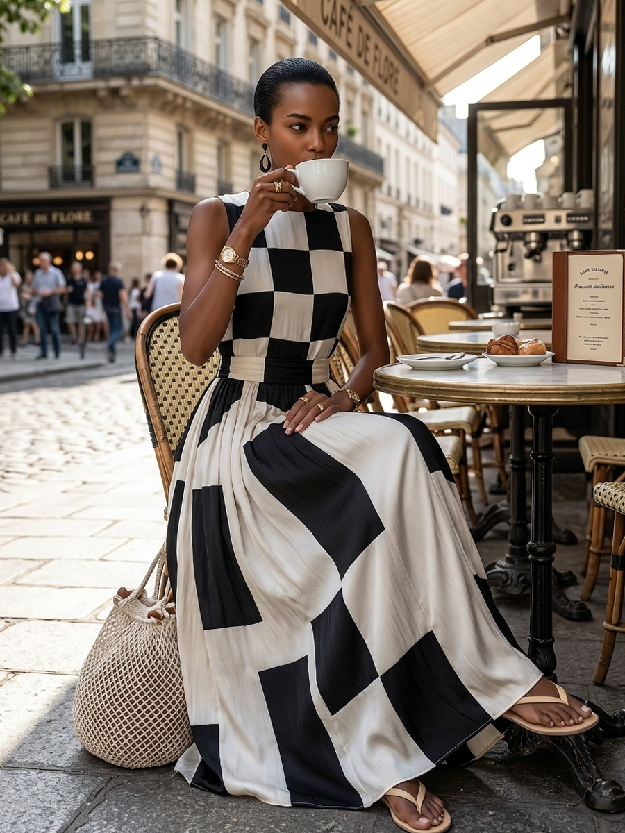 Nérélia™ | Robe maxi géométrique en coton et lin