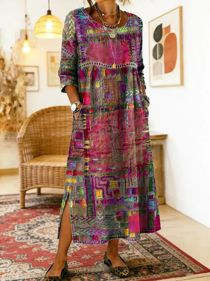 Lunéa™ | Robe midi bohème à effet patchwork