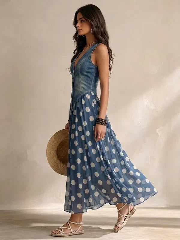 Célianne™ | Robe bi-matière denim et mousseline à pois