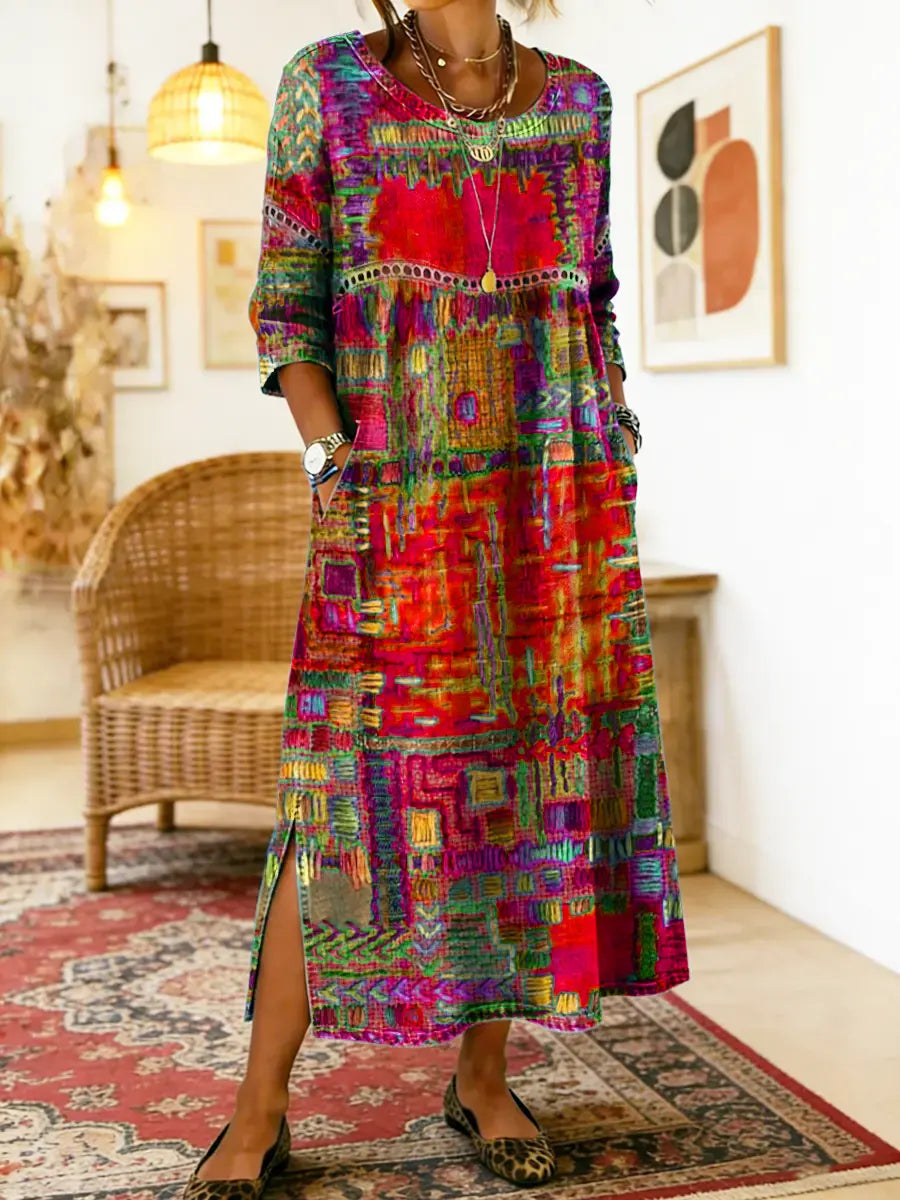 Lunéa™ | Robe midi bohème à effet patchwork