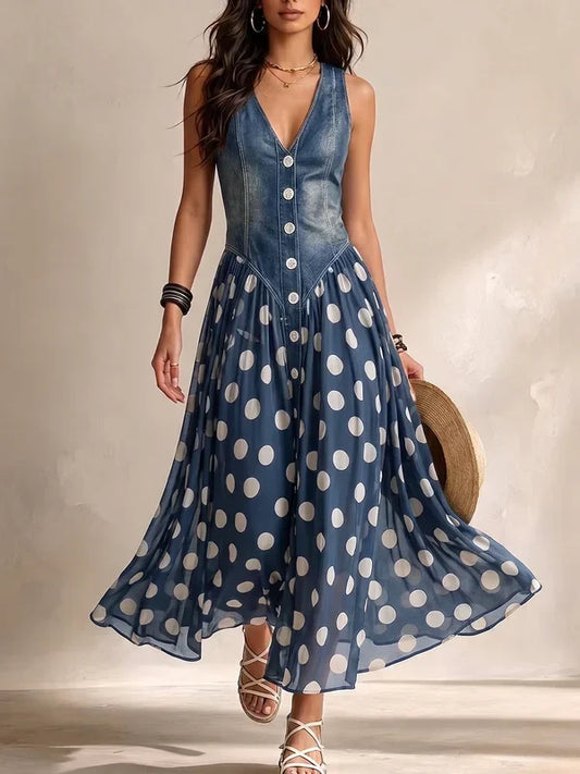 Célianne™ | Robe bi-matière denim et mousseline à pois